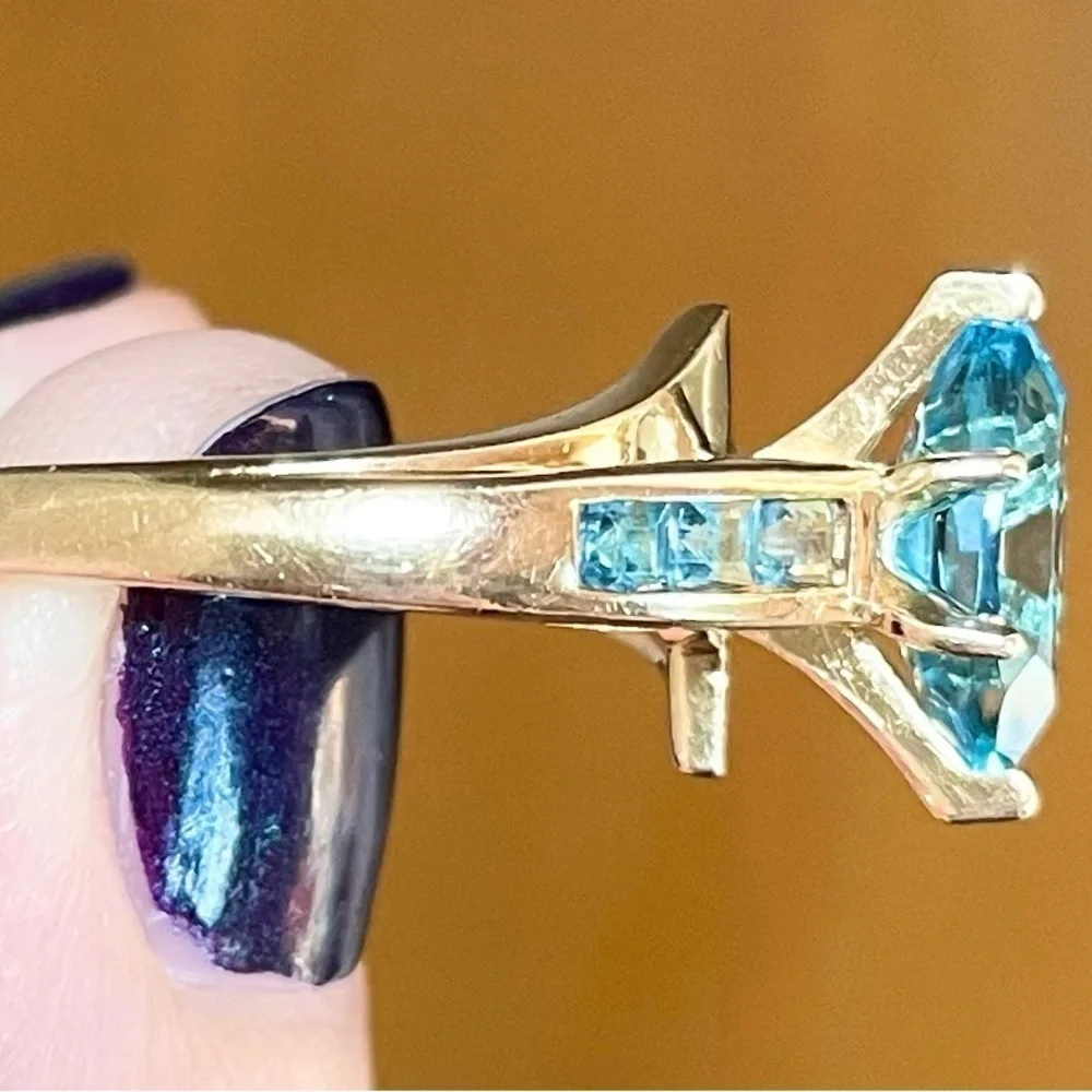 Vintage 1.35 swiss blue topaz marquis large baguette 14k solid yellow gold ring - Picture 5 of 10